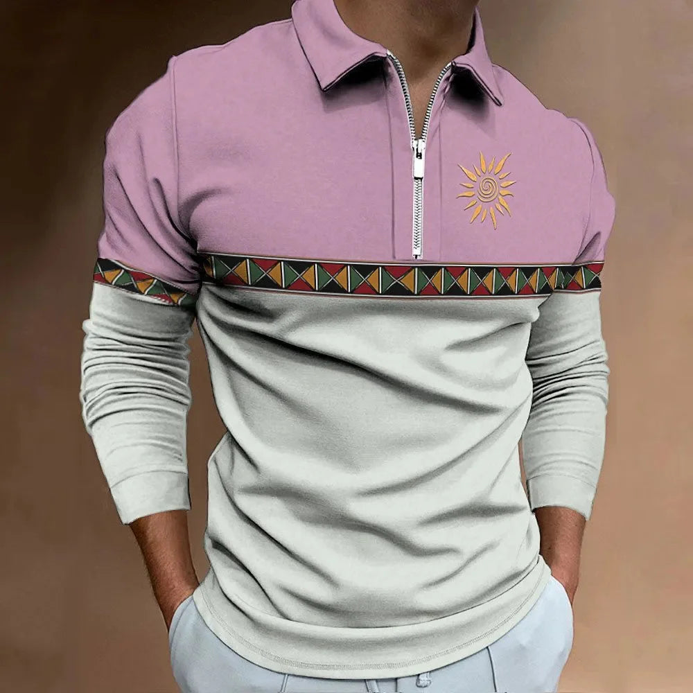 Retro Color Block Men's Polo - Stylish Long Sleeve Golf Shirt with Zipper