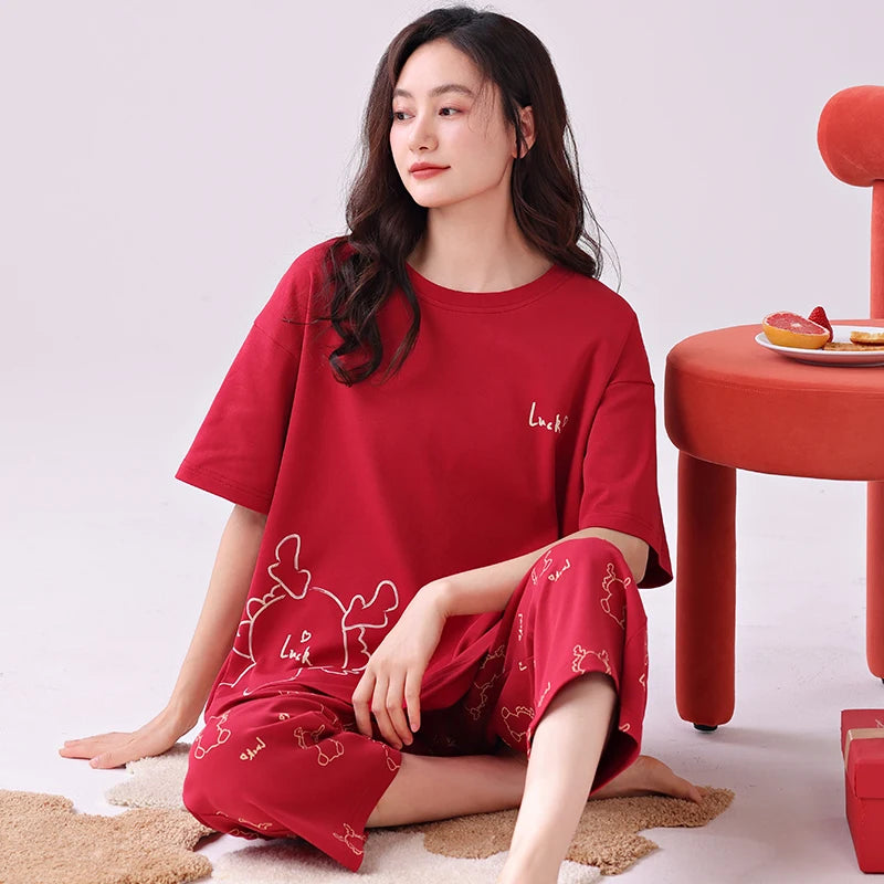 Newest Summer Casual Pajamas Set Women 100% Cotton Sleepwear Female Short Top+Calf-Length Pant Pyjamas DM99169