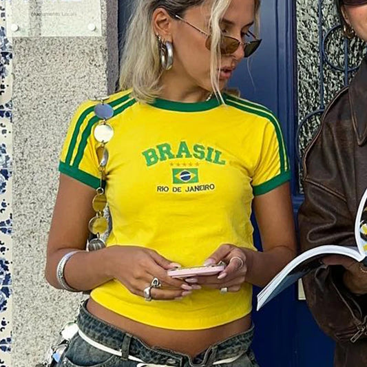 BRASIL Letter Graphics Print Goth Y2k Yellow Skinny Cropped Tees Women Sexy Streetwear 2000s Harajuku New Woman Clothing T-Shirt nz963-yellow