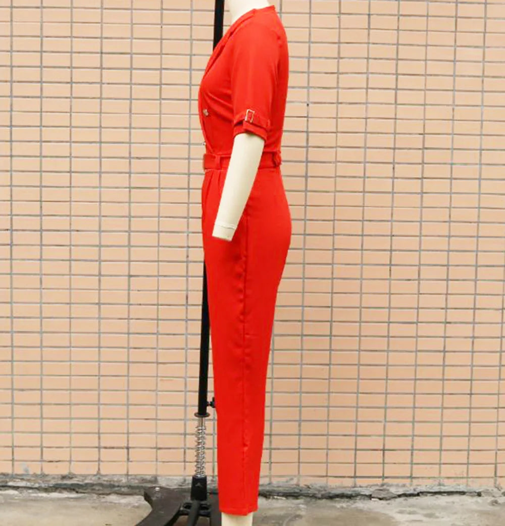 Women Suit Short Sleeve Jumpsuit Slim Fit Fashion Office Lady Spring Summer Elegant Solid Button Sexy High Waist Jumpsuits
