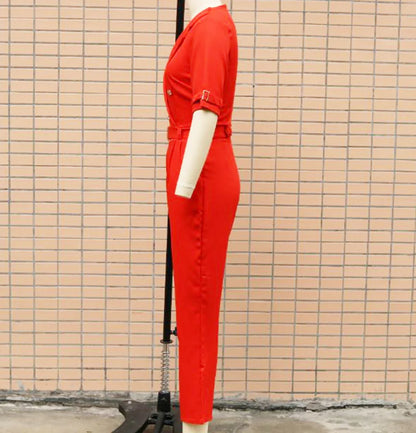 Women Suit Short Sleeve Jumpsuit Slim Fit Fashion Office Lady Spring Summer Elegant Solid Button Sexy High Waist Jumpsuits
