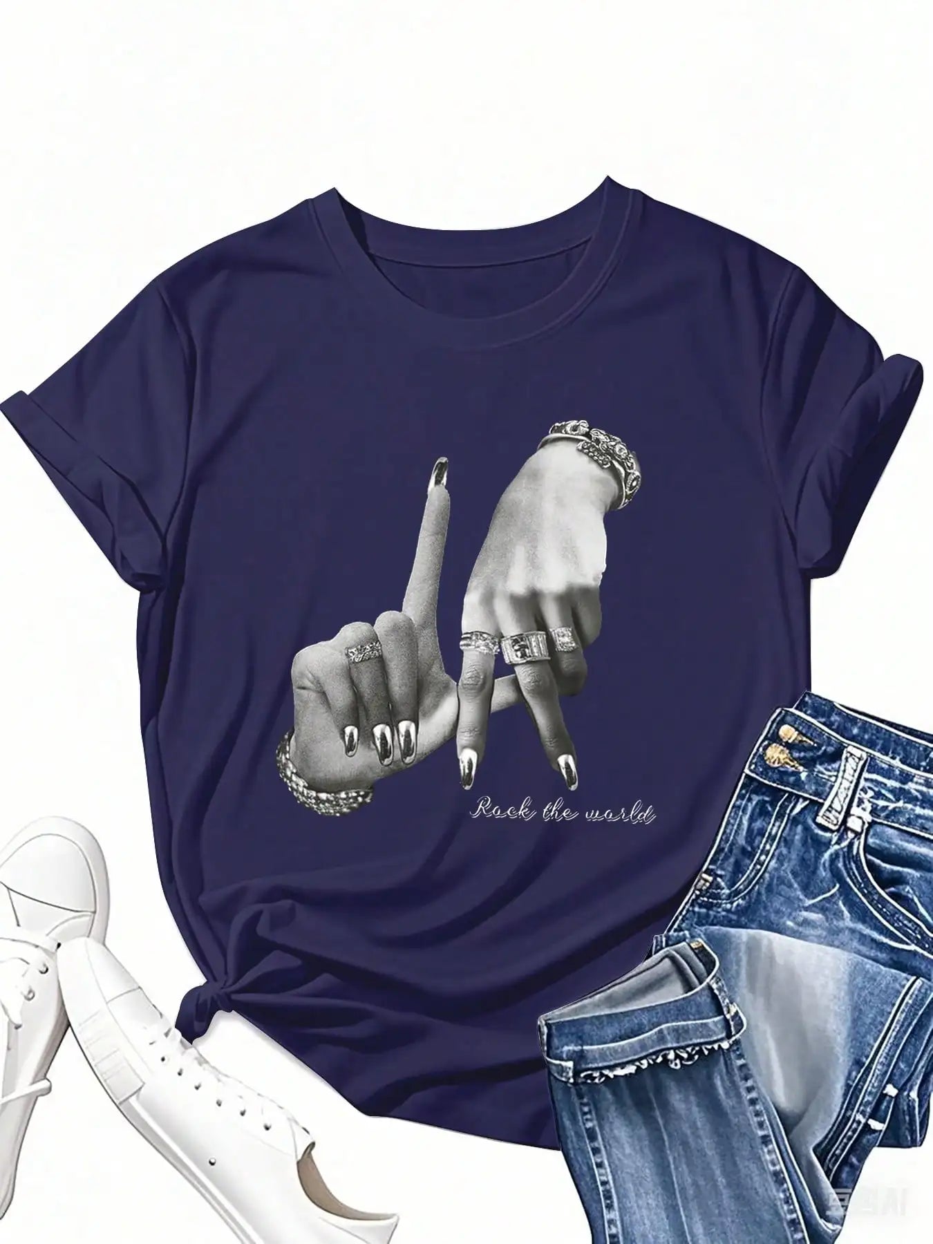 Plus Size Crewneck Summer Outfits Vacation Shiny Accessorized Hand Gesture Print Short Sleeved T-shirt Graphic Tees Women Tops Blue