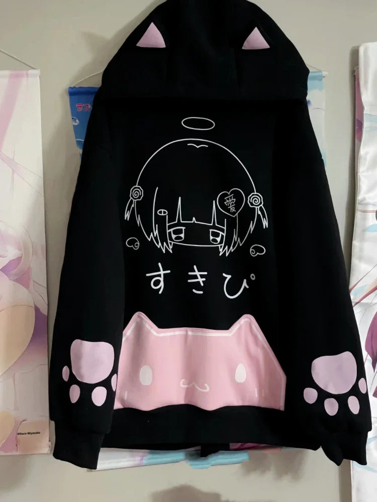 Japanese Cartoon Print Fleece Hoodies Women Harajuku Gothic Cat Ears Hooded Vintage Hoody Streetwear Y2k Aesthetic Sweatshirt