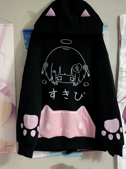 Japanese Cartoon Print Fleece Hoodies Women Harajuku Gothic Cat Ears Hooded Vintage Hoody Streetwear Y2k Aesthetic Sweatshirt