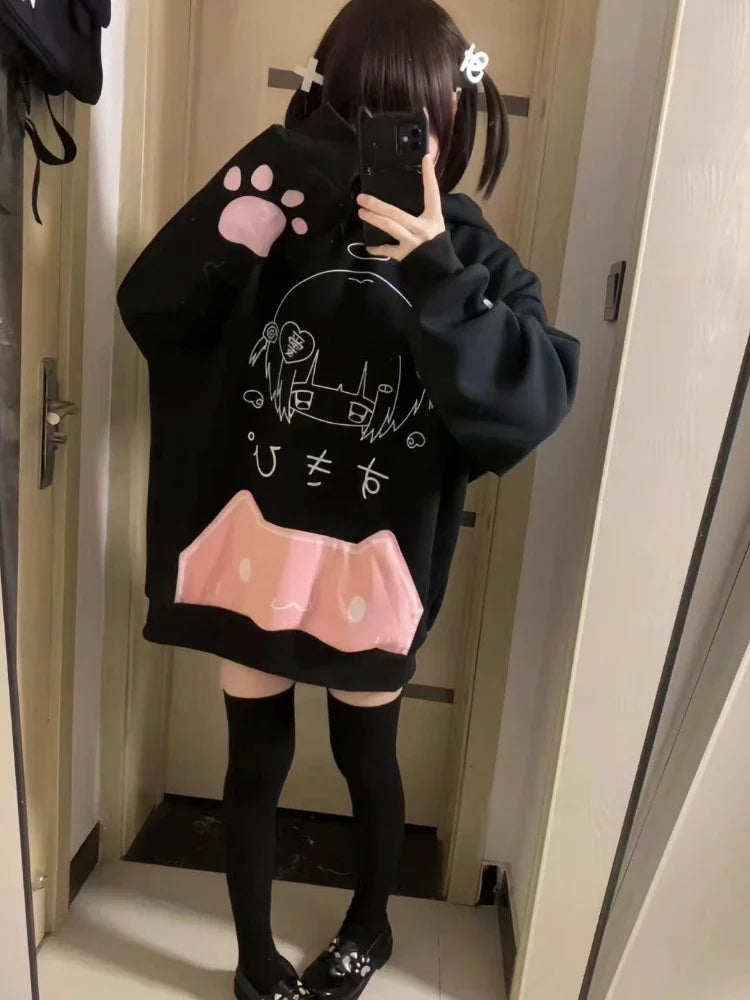 Japanese Cartoon Print Fleece Hoodies Women Harajuku Gothic Cat Ears Hooded Vintage Hoody Streetwear Y2k Aesthetic Sweatshirt