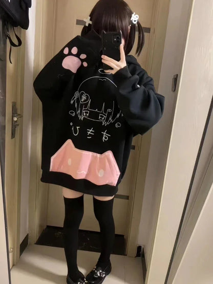 Japanese Cartoon Print Fleece Hoodies Women Harajuku Gothic Cat Ears Hooded Vintage Hoody Streetwear Y2k Aesthetic Sweatshirt