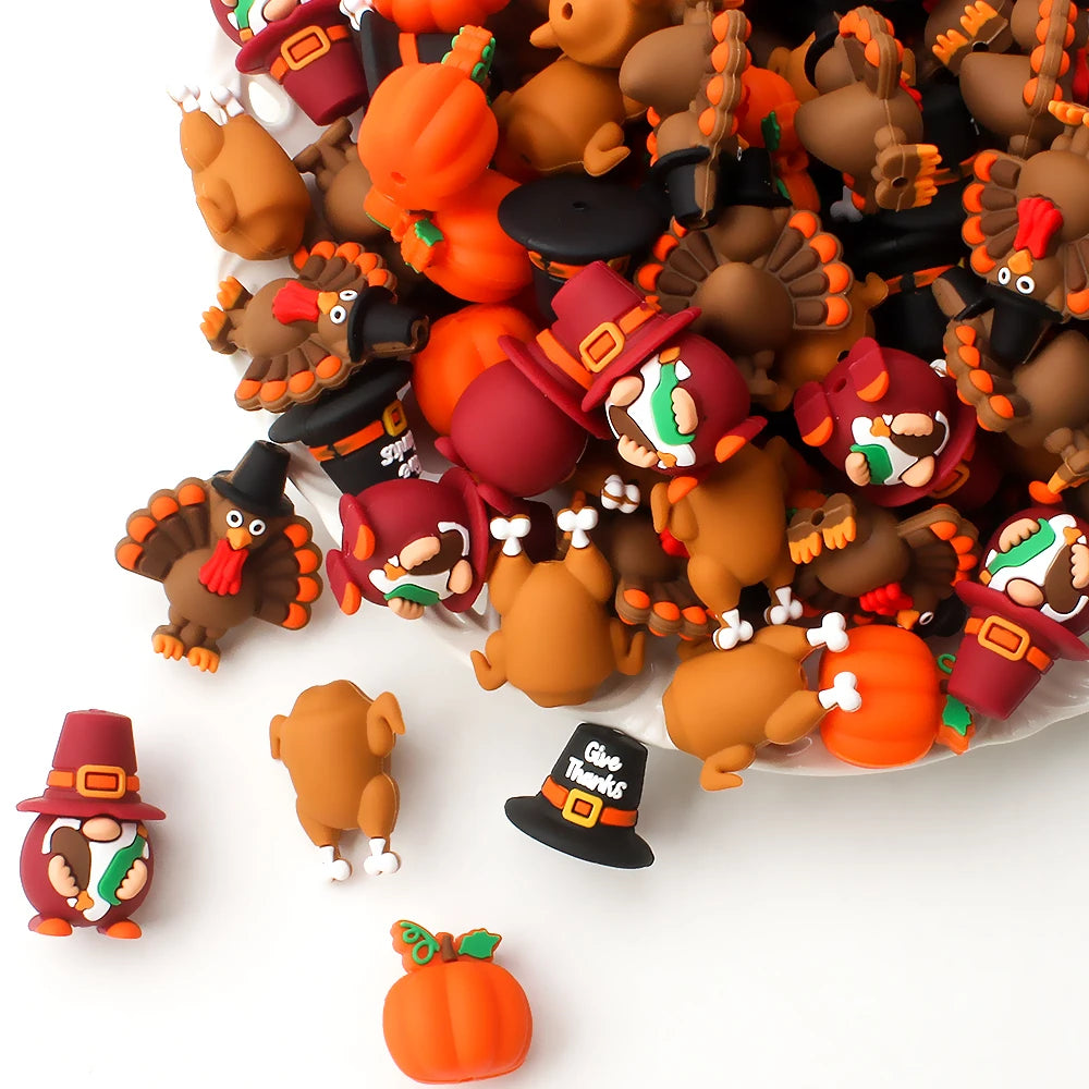 5/10/20pcs Thanksgiving Silicone Beads 3D Pumpkin Turkey Focal Beads for Jewelry Lanyards Keychain Bracelet Making Pen Decor