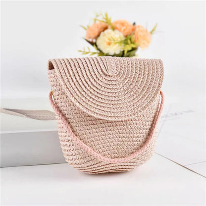 Flip children's Bag Cute Grass Woven Handbag Little Girl Crossbody Fashion Cute Zero Wallet Summer Beach Shoulder Bags Pink Flap Bag