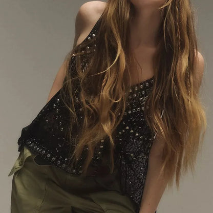 Women Y2K Rivet Sequin Mesh Tank Top V Neck Beaded Halter Cami Crop Top Sheer Sleeveless Backless Glitter Sparkly Camisole