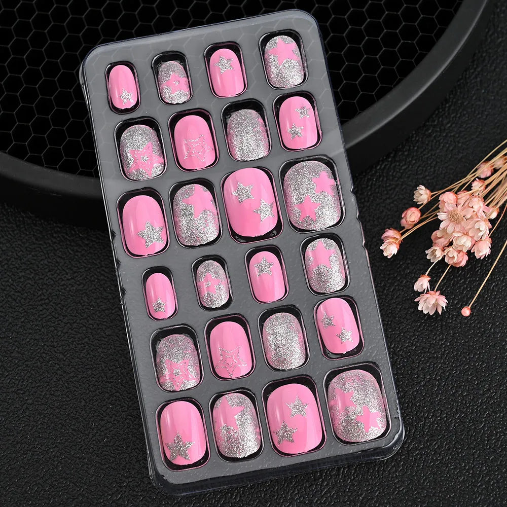24Pcs Children Cartoon Nail Tips Colorful Cute Rabbit Pink Stars 6-14 Years old Girl Fake Nail With Jelly Glue Kids False Nail TD060-010
