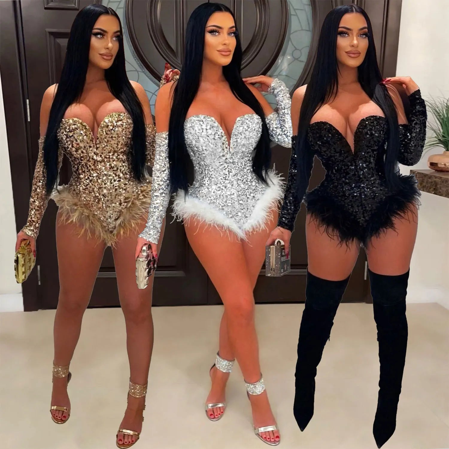 Women's Elegant Sequined Feather Slim Patchwork Bodysuits Spring Summer New Sexy Bodysuits Women Long Sleeve Backless Bodysuits