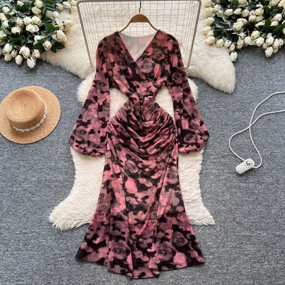 Chic vintage long sleeve Criss-Cross print pleated Elegant Fairy korean fashion dress women clothing Long dress Red One Size