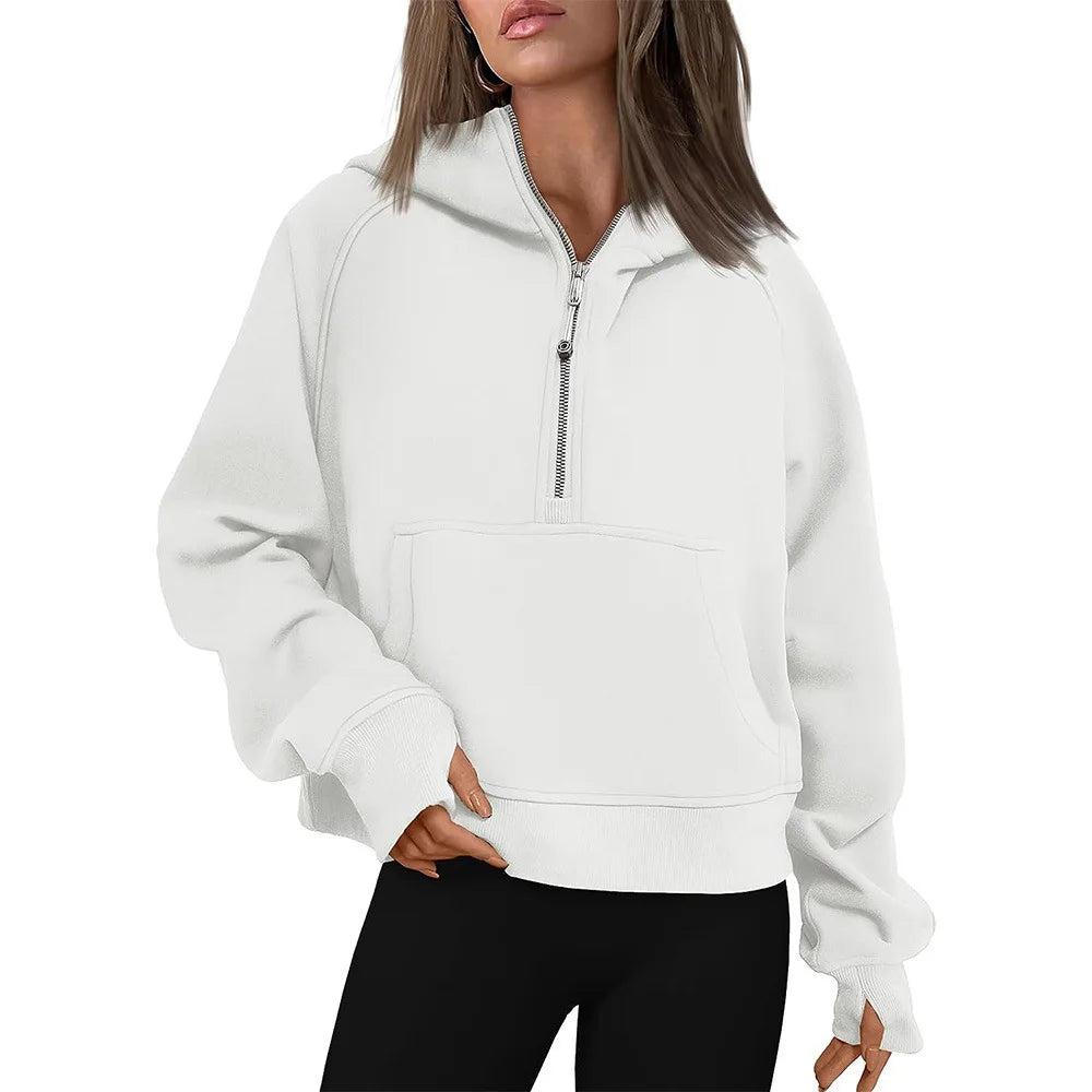 Half Zip Sweatshirts Cropped Hoodies Fleece Womens Quarter Zip Up Pullover Sweaters Fall Outfits 2024 Winter Clothes white
