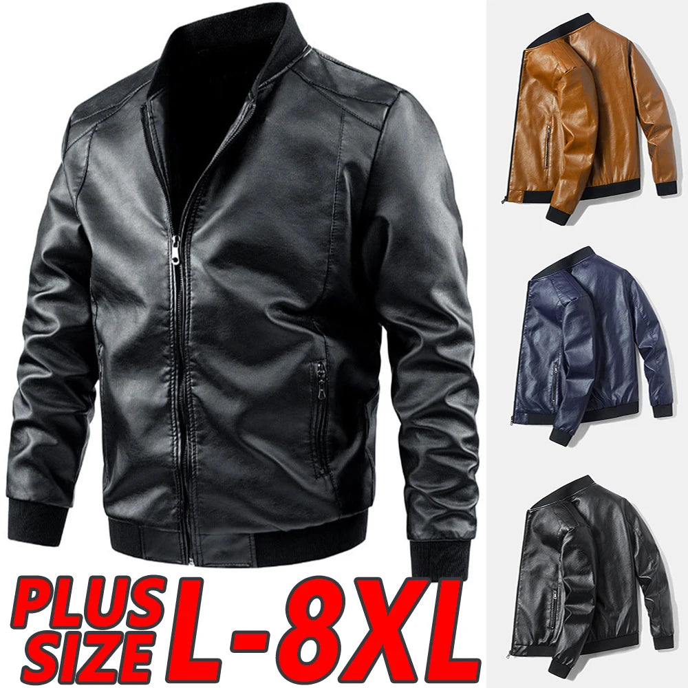 Men's Casual Leather Jacket Jacket Fashion Solid Color Collar Zipper Pocket Biker Clothing Bomber Motorcycle PU Jacket