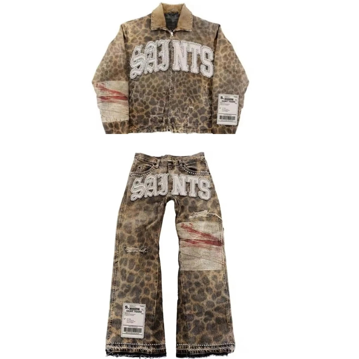 Gothic Retro Leopard Print Pattern Mens Clothes Y2k Two Piece Set Zipper Jacket Ripped Jeans Tracksuit Men Patchwork Streetwear Two piece set