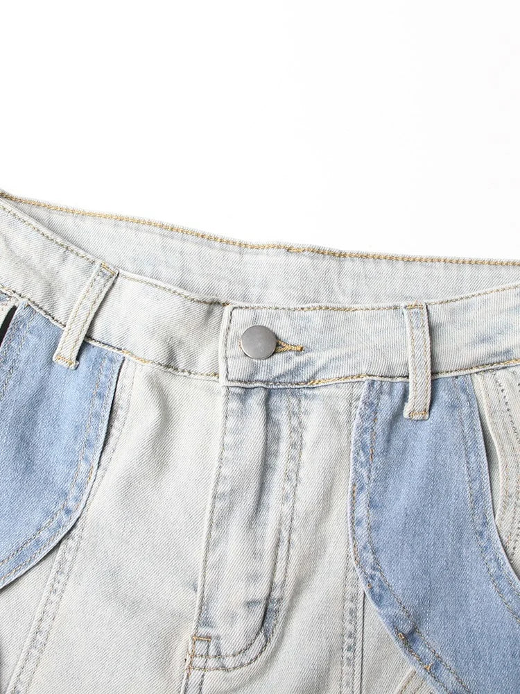 VGH Crisscross Hit Color Streetwear Denim Trousers For Women High Waist Patchwork Pockets Hollow Out Split Pants Female 2024