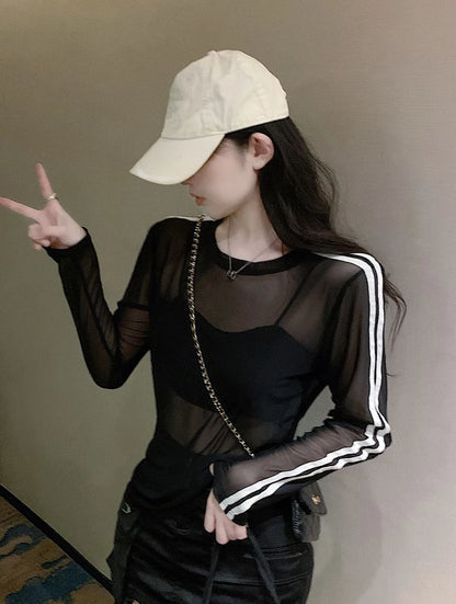 Y2K Sheer Sun-Proof Shirts Women Striped Long Sleeve T Shirts Streetwear See Through Mesh Blouses Korean Sun Protection Tops New