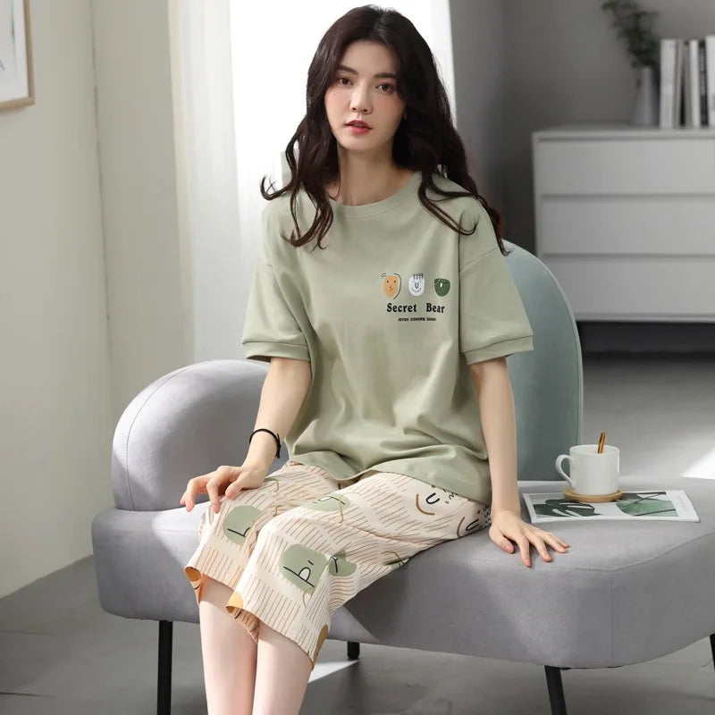 Summer Ladies Pajamas Loungewear Set Women's Summer Short Sleeve Cropped Pants Loungewear Thin Korean Casual Two-Piece Set Green2023-39