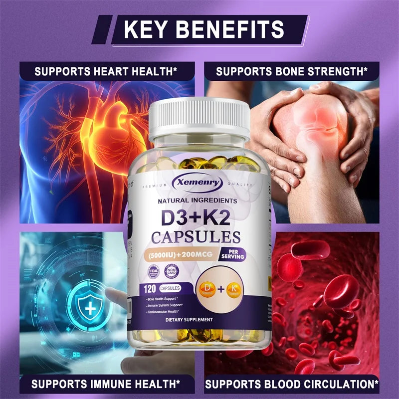 Vitamin D3 5000IU and 200 Mcg Vitamin K2 (MK-7) Capsules for Calcium Absorption, Bone Regeneration, Immune Support, Easy To Melt