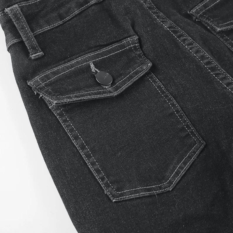 Weekeep Punk Style Star-shaped Rivet Jeans Low Rise Multi-pockets Patchwork Denim Cargo Pants Korean Fashion Hippie Flared Jeans