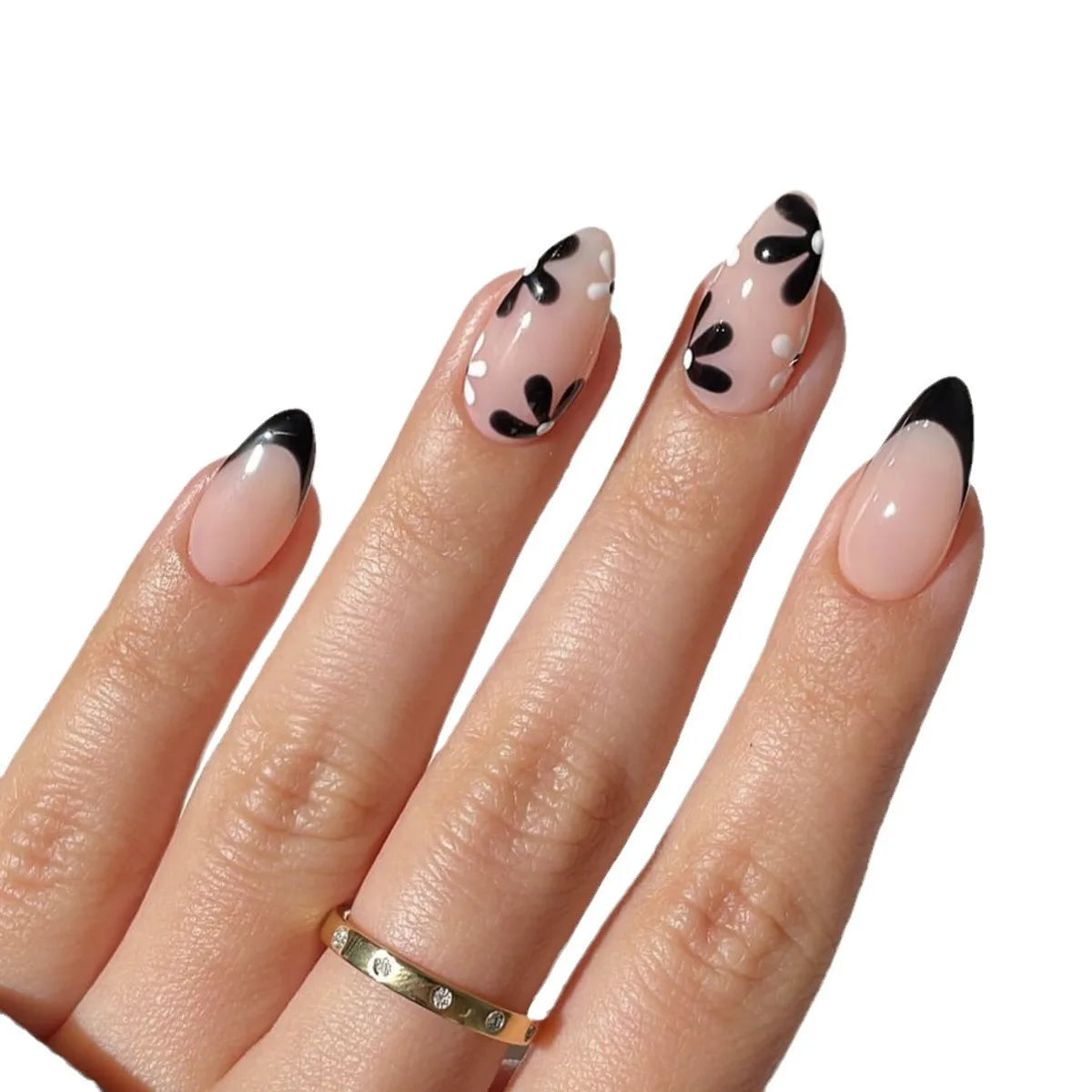 Women Girls 24Pcs Short Pink French Style Water Droplets Black White Small Flowers Simple Versatile Nail Art Fake Nails Set JST4247-Fake Nails
