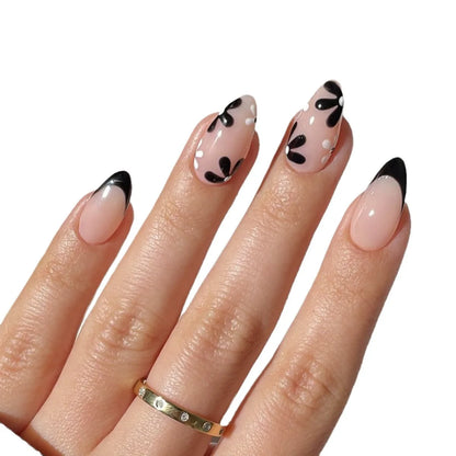 Women Girls 24Pcs Short Pink French Style Water Droplets Black White Small Flowers Simple Versatile Nail Art Fake Nails Set JST4247-Fake Nails