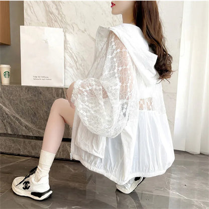 Fashion Lace Hollow Sun-Protective Clothes Women Hooded Coat New Summer Long Sleeve Cardigan Jacket Female Loose Outerwear G2498