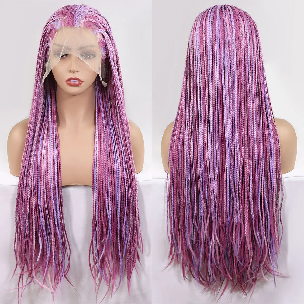 Ombre Blue Box Braided Wigs for Women 26inch Knotless Goddess Box Braid Lace Front Wig Colored Crochet Braid Synthetic Wig Highlight Pink 26inches 13x3 Lace Front