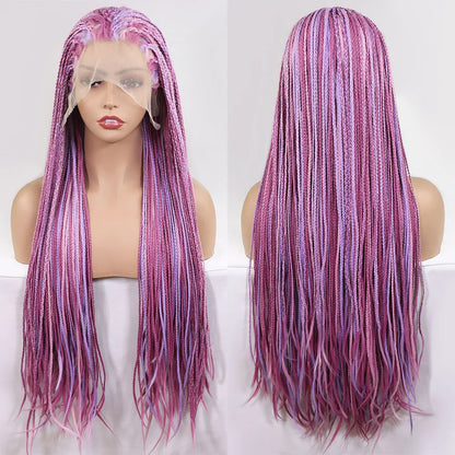 Ombre Blue Box Braided Wigs for Women 26inch Knotless Goddess Box Braid Lace Front Wig Colored Crochet Braid Synthetic Wig Highlight Pink 26inches 13x3 Lace Front