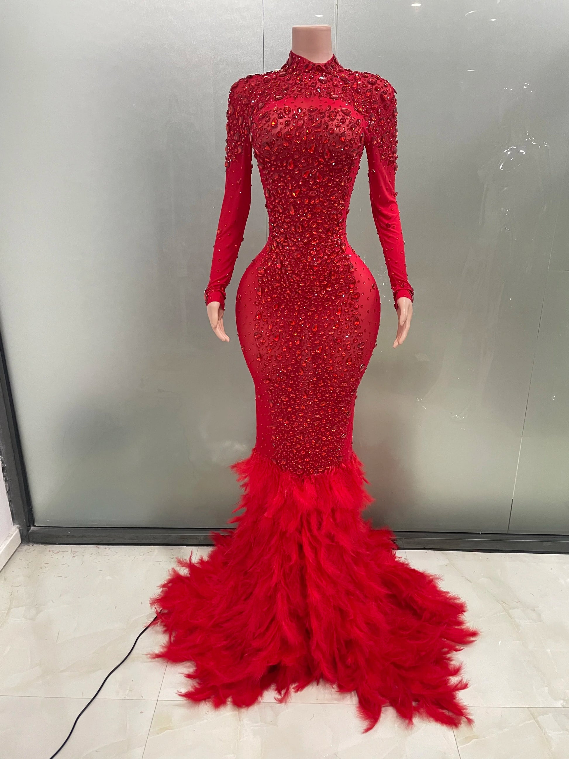 Luxury Sparkling Red Crystals Feathers Mermaid Long Sleeve Maxi Dress Women Formal Occasions Wedding Celebrate Party Prom Gown Badiee Stylez