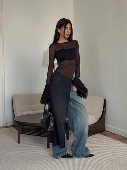 Weird Puss Sexy Irregular Hem T-Shirt Women Patchwork o-Neck Flared Sleeves Summer Midnight Sexy Hottie Fashion Split Long Tops