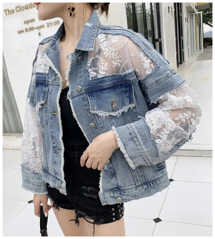 Cotton Denim Coat Women Lace Spring Autumn Ropa Cardigan Jeans Maxi Punk Gothic Bomber Jacket Windbreaker Y2k Jackets Korean