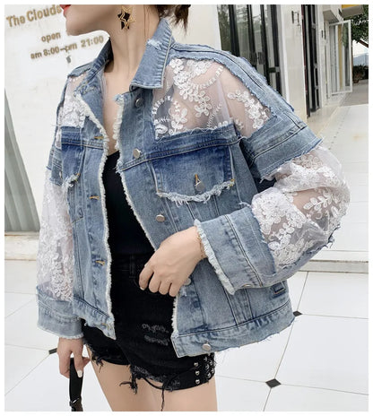 Cotton Denim Coat Women Lace Spring Autumn Ropa Cardigan Jeans Maxi Punk Gothic Bomber Jacket Windbreaker Y2k Jackets Korean