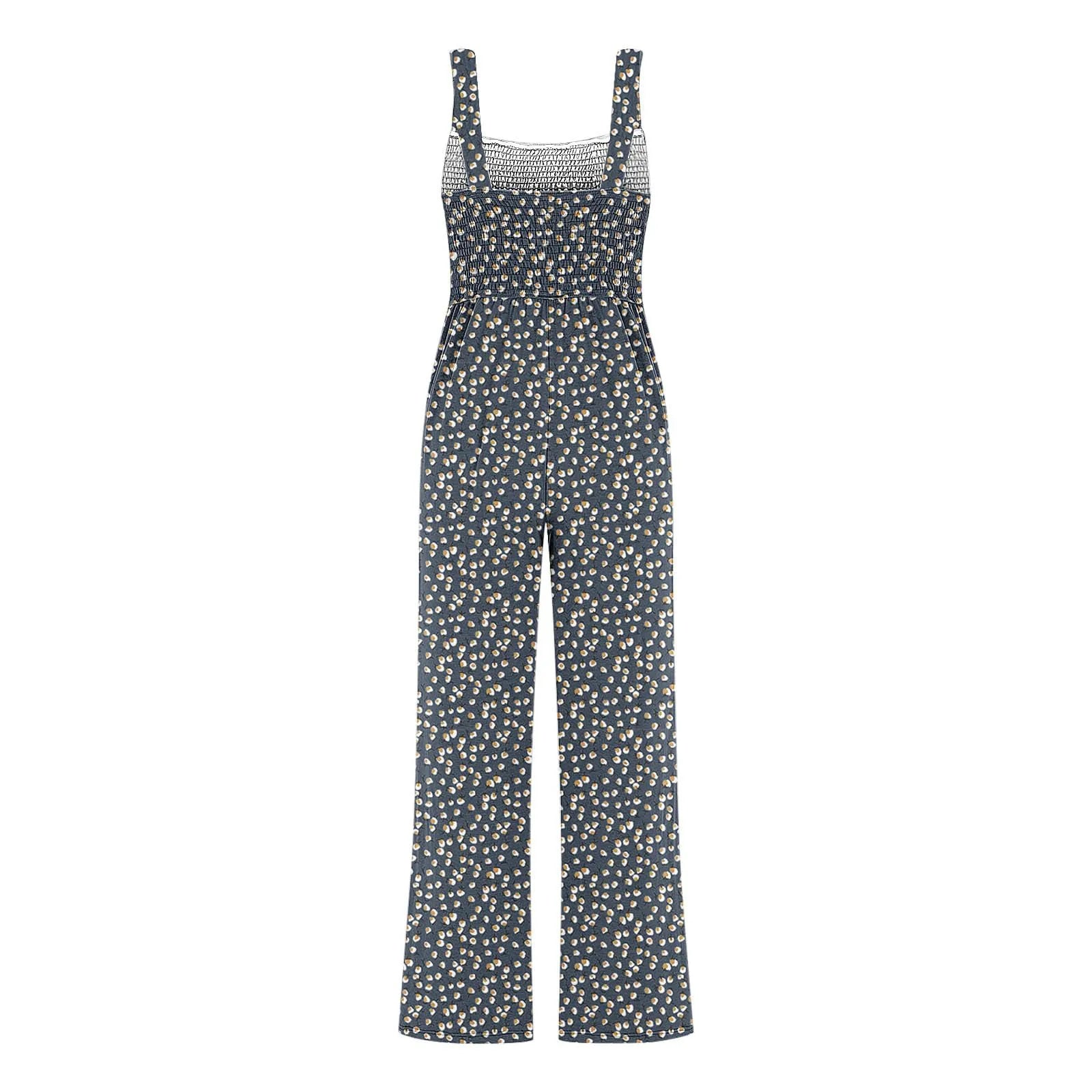 Women'S Suspender Jumpsuits Fashion Trend Pleated Shoulder Straps Printed Pocket Loose Wide Leg Jumpsuits Daily Casual All-Match