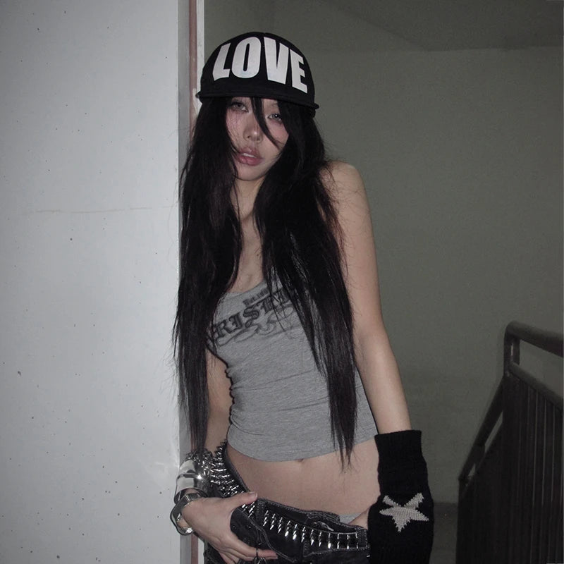 Karrcat Trashy 2000s Letter Print Tank Top Japanese Y2k Gray Camis Tops Grunge Aesthetics Sleeveless Crop Tops American Retro