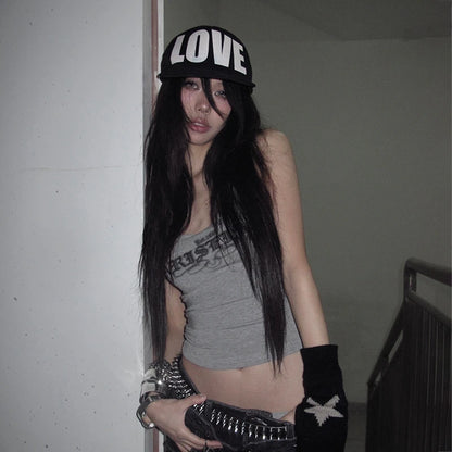 Karrcat Trashy 2000s Letter Print Tank Top Japanese Y2k Gray Camis Tops Grunge Aesthetics Sleeveless Crop Tops American Retro