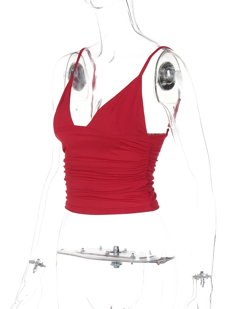 Hugcitar V Neck Solid Ruched Sexy Slim Y2K Crop Tank Top Summer Women Fashion Casual New Clothes Streetwear Beach Vacation