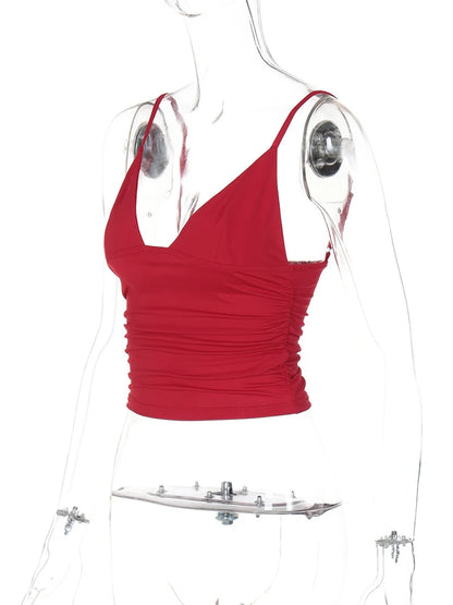 Hugcitar V Neck Solid Ruched Sexy Slim Y2K Crop Tank Top Summer Women Fashion Casual New Clothes Streetwear Beach Vacation