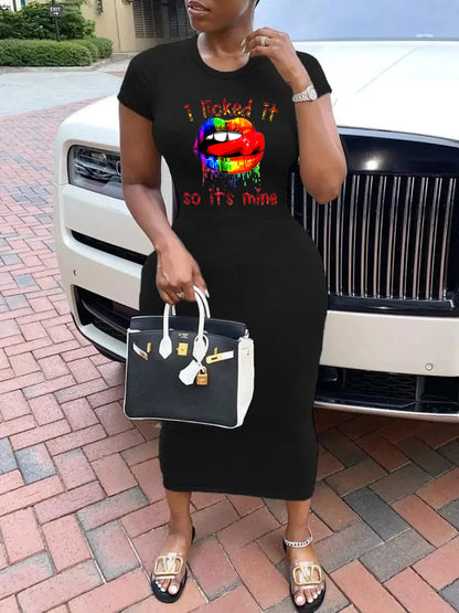 Summer black sexy dress women's red lip zipper print casual slim fit short sleeved round neck T-shirt mini dress