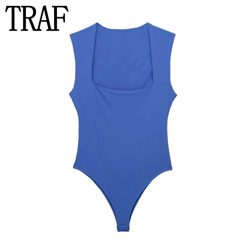 MUJER 2025 Black Woman Body Square Neck Sleeveless Bodysuit Women Blue White Sexy Tight Bodysuit Lingerie Bodycon Summer Tops