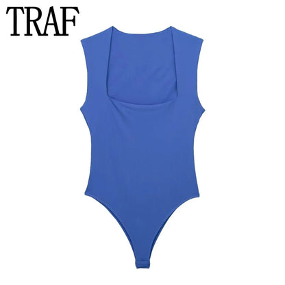 MUJER 2025 Black Woman Body Square Neck Sleeveless Bodysuit Women Blue White Sexy Tight Bodysuit Lingerie Bodycon Summer Tops