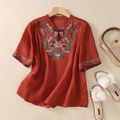 Thin Streetwear Vintage Clothes Ethnic Style Cotton Linen Shirts for Women Clothing Top Tshirt Tees Fashion Casual Embroidery Red-C