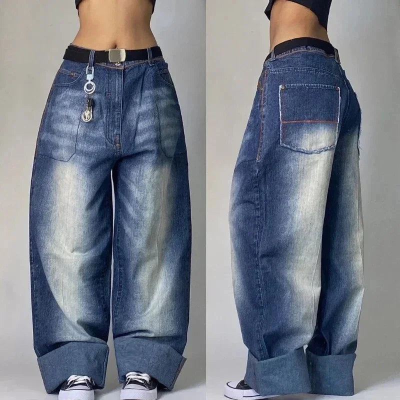 2000s Baggy Jeans Women New Harajuku Hip Hop Wing Print Oversized Jeans Gothic High Waist Wide Leg Pants Men Trousers Streetwear Badiee Stylez