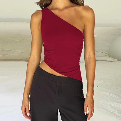 Sexy One Shoulder Off the Shoulder the Back Small Top 2024 Summer Solid Color Irregular Lace up Short Top 22939-Wine red