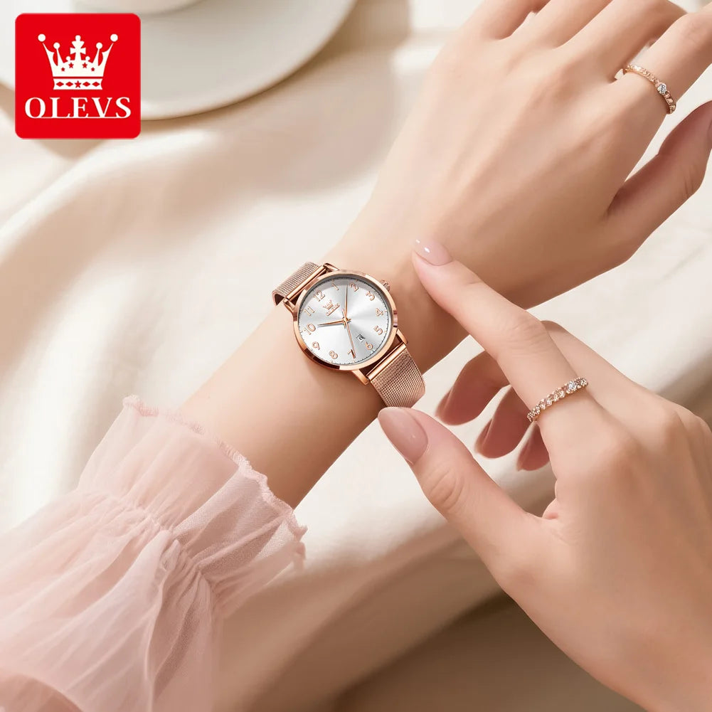 OLEVS New 5653 Woman Watch Elegant Rose Gold Mesh Steel Strap Ladies Watches Digital Dial Simple Fashion Quartz Watch for Women