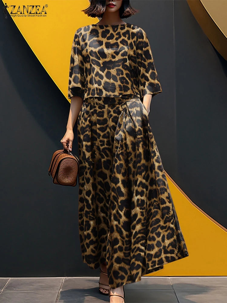 2PCS Vintage Women Matching Sets Leopard Print Tracksuits Autumn Trousers Suit ZANZEA Casual O Neck 3/4 Sleeve Blouse Pant Sets Badiee Stylez