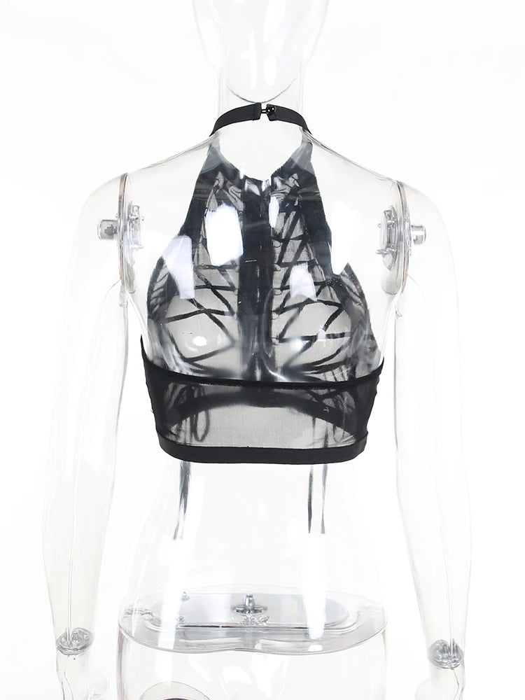 Gothic Punk Ring Halter Top Bodycon Lace Up Crop Bandage Tank Tops Y2k Mesh T Shirt Exotic Vest Sexy Hollow Out Backless Caims