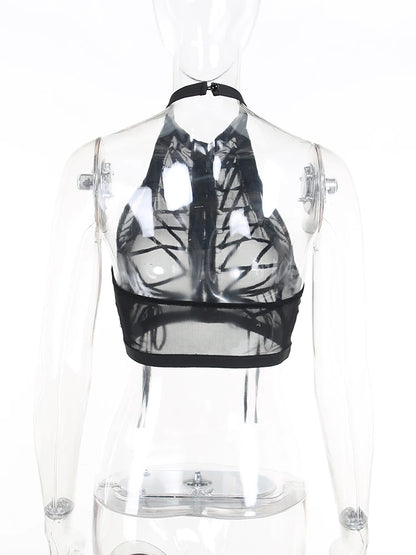 Gothic Punk Ring Halter Top Bodycon Lace Up Crop Bandage Tank Tops Y2k Mesh T Shirt Exotic Vest Sexy Hollow Out Backless Caims