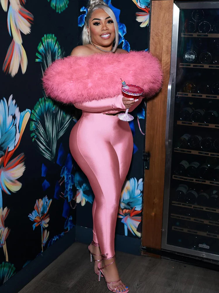 Weird Puss Furry Slash Neck Jumpsuits Woman Luxury Hipster Patchwork Trend Sexy Hollow Stretch Fitness Club Activity Overalls Badiee Stylez