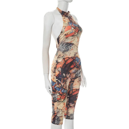 CUTENOVA Women'S Full-Body Printed Hanging Neck Big Backless Skinny Five-Point Jumpsuit Sexy Fashion Street Trend Jumpsuit